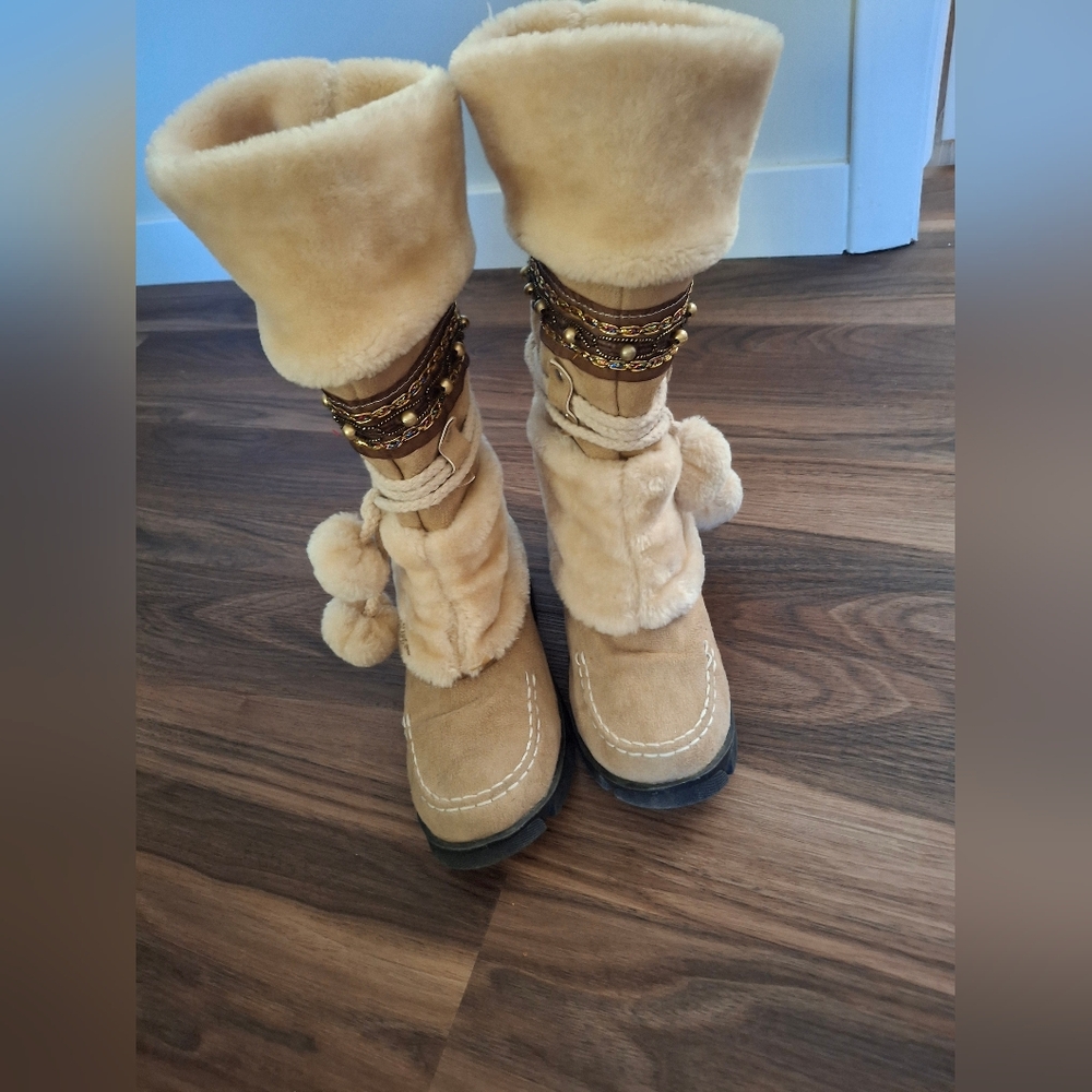 Faux Fur Tan Winter Boots with Pom Poms